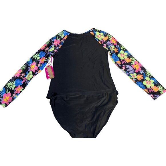 Justice Girls Size XL 16/18 2 piece Rashguard Long Sleeve Floral Sleeves Black M - Picture 2 of 11